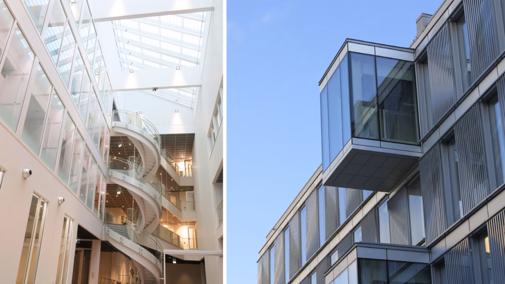 bilder exteriört och interiört på NEO, en byggnad i Flemingsberg