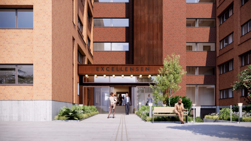 Exellensen 5, visonsbild av hur tegelbyggnaden kommer att se ut efter ombyggnationen.